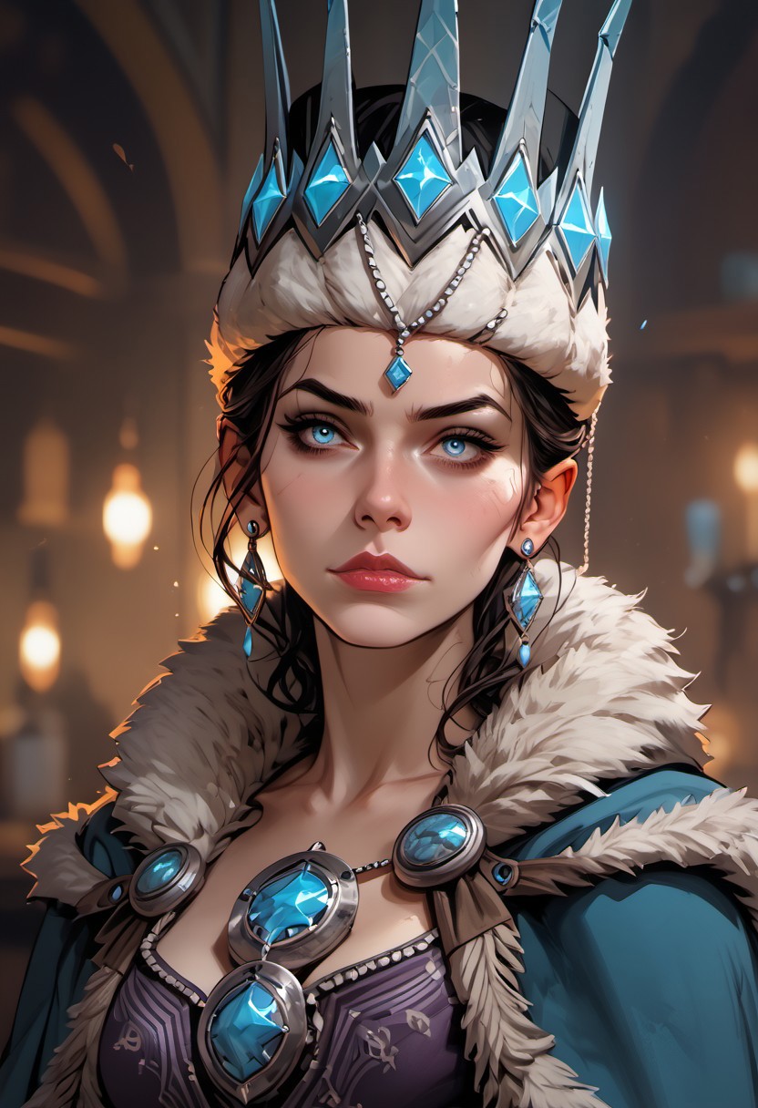 Stable_Yogis_PDXL_Positives, (score_9), score_8_up, score_8, score_7_up, score_7, score_6_up, score_6, score_5_up, Score_5, mythp0rt, katarinkis, fur trim dress, fur cloak, crown, headpiece, vox machine style, 1girl, female focus, solo, portrait, tavern background, fantasy, (dynamic lighting:1.1)
((masterpiece))