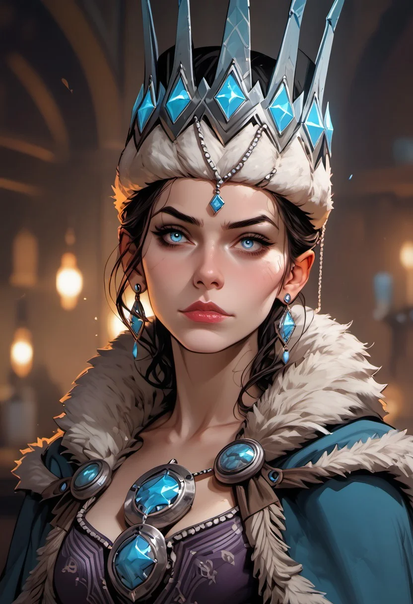 Stable_Yogis_PDXL_Positives, (score_9), score_8_up, score_8, score_7_up, score_7, score_6_up, score_6, score_5_up, Score_5, mythp0rt, katarinkis, fur trim dress, fur cloak, crown, headpiece, vox machine style, 1girl, female focus, solo, portrait, tavern background, fantasy, (dynamic lighting:1.1)
((masterpiece))