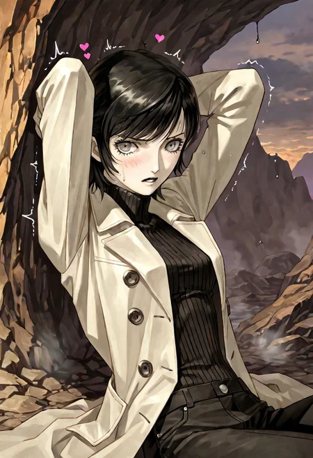HDR, 8K, masterpiece, best quality, amazing quality, high resolution, absurdres, (2d, watercolor \(medium\)), 1girl, solo, (yuko takao, takaosmtiii, kazuma kaneko, kanekostyle, shin megami tensei, atlus, official art), lips, [black lipstick], lipstick, eye shadow, eyelashes, black hair, short hair, (swept bangs), grey eyes, medium breasts, slender, very skinny, narrow waist, toned, pale skin, (sweat, wet, hot, steam, dripping, flushed), calm, casual, (embarrassed), open mouth, parted lips, breathing, heavy breathing, looking at viewer, half worn beige coat, open clothes, black turtleneck sweater, black pants, sitting, leaning back, arms behind head, inside cave, clouds, heart, twitching, commentary, dynamic angle, aid291, close up