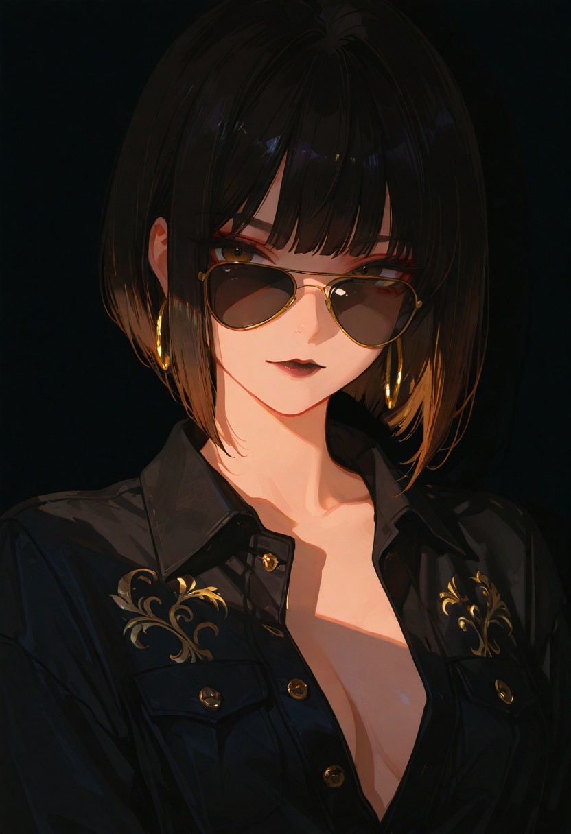 masterpiece, best quality, highly detailed, score_9, score_8_up, score_7_up, score_6_up, dramatic lighting, shadows, dynamic posture, sexy attire, seductive, 1girl, close-up portrait, short styled bob haircut, dark hair, aviator sunglasses, dark lenses, matte black lipstick, gold hoop earrings, black satin shirt, button-down design, undone buttons, exposed chest detail, satin texture emphasis, highlighted skin tone, pure black background, dramatic focus, minimalist backdrop, elegant simplicity, modern aesthetic, lighting texture highlights, bold fashion statement, striking visual contrast, sleek style, high-definition rendering, intense focal point, refined details, contemporary elegance, sophisticated design elements, vibrant yet dark composition