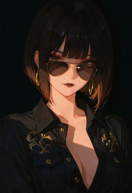 masterpiece, best quality, highly detailed, score_9, score_8_up, score_7_up, score_6_up, dramatic lighting, shadows, dynamic posture, sexy attire, seductive, 1girl, close-up portrait, short styled bob haircut, dark hair, aviator sunglasses, dark lenses, matte black lipstick, gold hoop earrings, black satin shirt, button-down design, undone buttons, exposed chest detail, satin texture emphasis, highlighted skin tone, pure black background, dramatic focus, minimalist backdrop, elegant simplicity, modern aesthetic, lighting texture highlights, bold fashion statement, striking visual contrast, sleek style, high-definition rendering, intense focal point, refined details, contemporary elegance, sophisticated design elements, vibrant yet dark composition