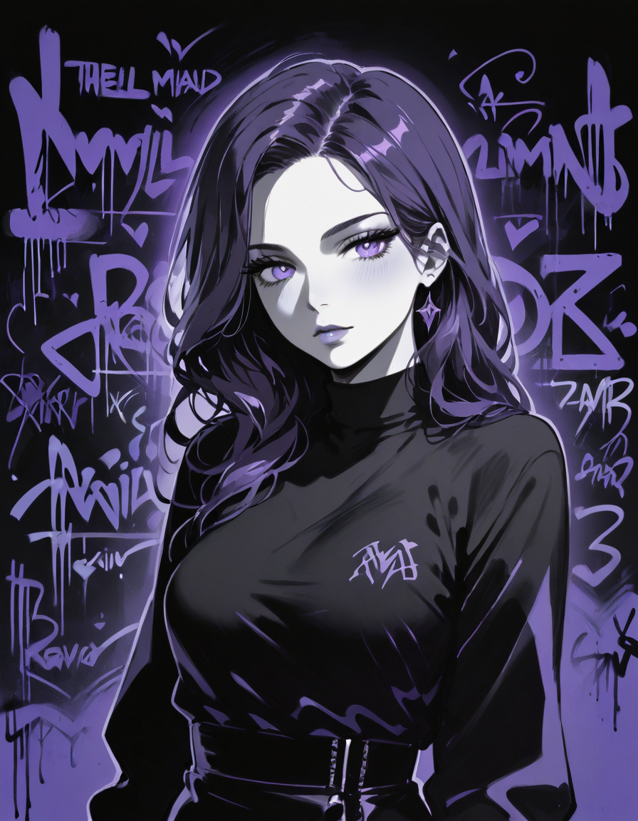score_9, score_8_up, score_7_up,sexy pose,expressiveh,album cover,1girl,solo,long hair,blgStyle, black background,graffiti, flat lighting, purple theme, purple outline, black skin, monochrome,<lora:Blacklight_Graffiti_Style_Pony:1>  <lora:Expressive_H:0.8>