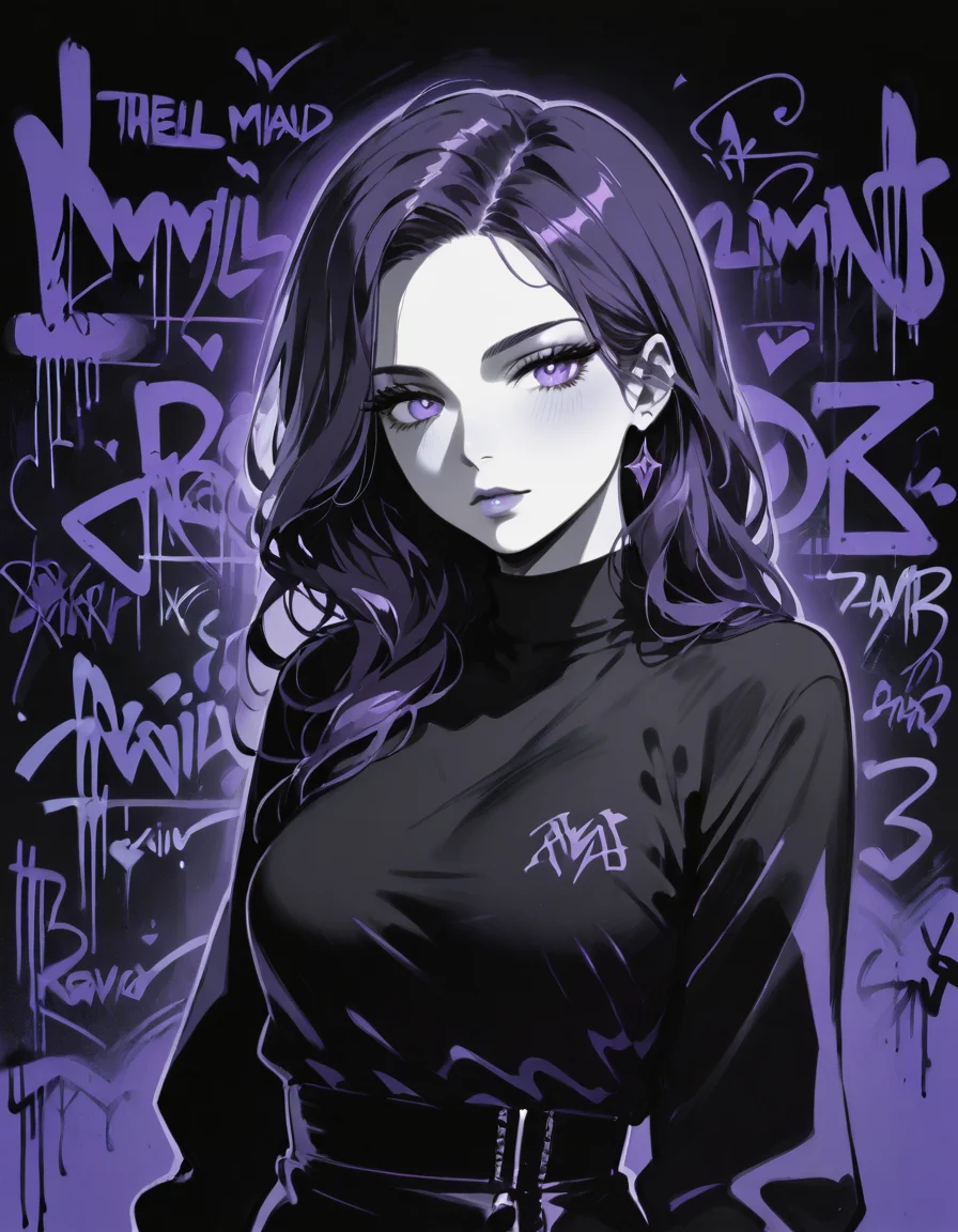 score_9, score_8_up, score_7_up,sexy pose,expressiveh,album cover,1girl,solo,long hair,blgStyle, black background,graffiti, flat lighting, purple theme, purple outline, black skin, monochrome,<lora:Blacklight_Graffiti_Style_Pony:1> <lora:Expressive_H:0.8>