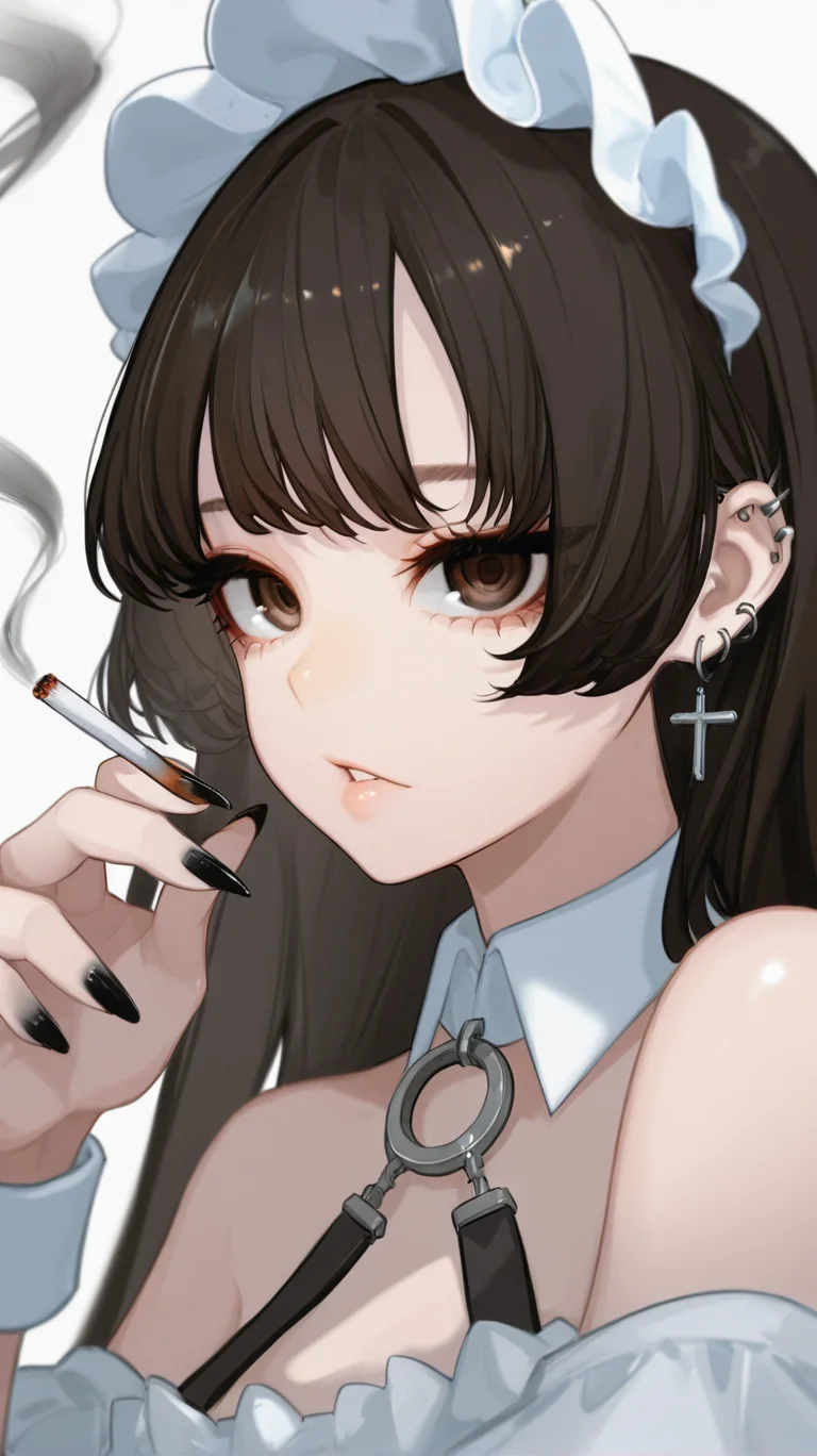 1girl, solo, long_hair, looking_at_viewer, bangs, simple_background, black_hair, white_background, holding, bare_shoulders, brown_eyes, jewelry, upper_body, earrings, parted_lips, nail_polish, fingernails, maid, maid_headdress, detached_collar, piercing, ear_piercing, black_nails, smoke, cigarette, smoking, cross_earrings, holding_cigarette