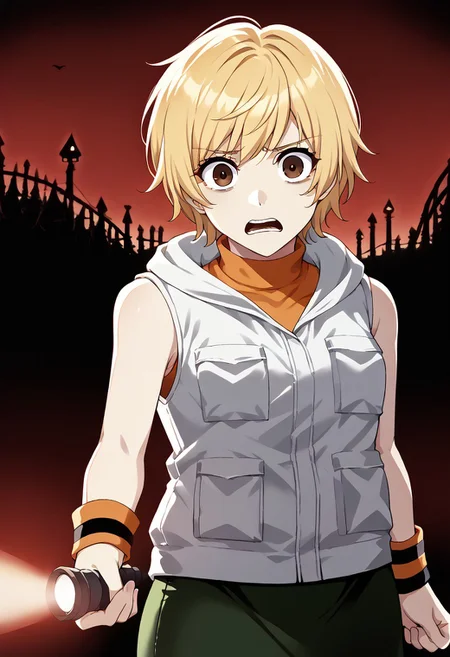 masterpiece,best quality,score_9, score_8_up, score_7_up, source_anime BREAK 1girl, solo, <lora:heathermason-silenthill-richy-v1_pdxl:1> hthrdf, brown eyes, blonde hair, short hair,(scared,looking at viewer),(white vest,orange sweater, turtleneck, sleeveless, wristband, green skirt, hood down),(cowboy shot),(flpoint, flashlight,holding flashlight,pointing flashlight for viewer),(horror,deep shadows,dark,dark theme,in an amusement park,dark red sky,red theme,red lighting,red light illuminates the girl)