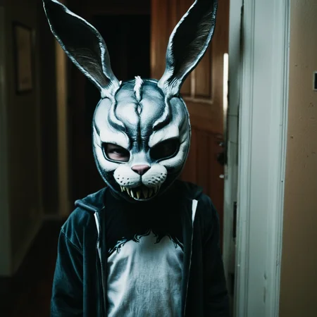 <lora:add-detail-xl:1>
<lora:detailed:0.3>
<lora:perfection style:0.3>
<lora:xl_more_art-full_v1:0.3>
<lora:Donnie Darko film style:1>
a creepy looking bunny costume with a scary look on its head,solo,1boy,horns,teeth,indoors,mask,sharp teeth,monster,door,horror (theme) , cinematic, film, Donnie Darko film style