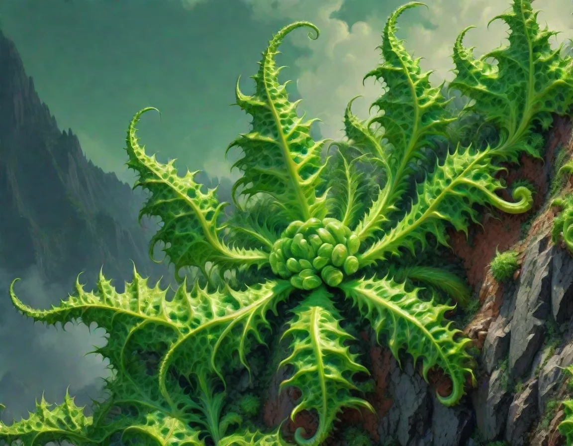 surrealistic, high definition, closeup of a green Frac_XL plant on the side of a mountain, in the style of Albert Bierstadt<lora:Frac_XL:1>