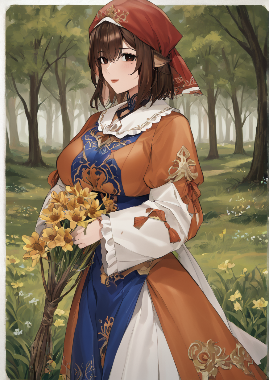 1girl, huge breast, 1other, animal, blue dress, boots, brown eyes, brown hair, dress, floral print, flower, forest, frilled dress, frills, goat, goat horns, gradient background, grass, head scarf, holding, holding flower, hooves, horns, long sleeves, mole, mole under eye, multicolored clothes, multicolored dress, nature, orange dress, outdoors, puffy long sleeves, puffy sleeves, red headwear, slavic clothes, solo focus, traditional clothes, traditional dress, white fur,zPDXL3<lora:amarylith:1>