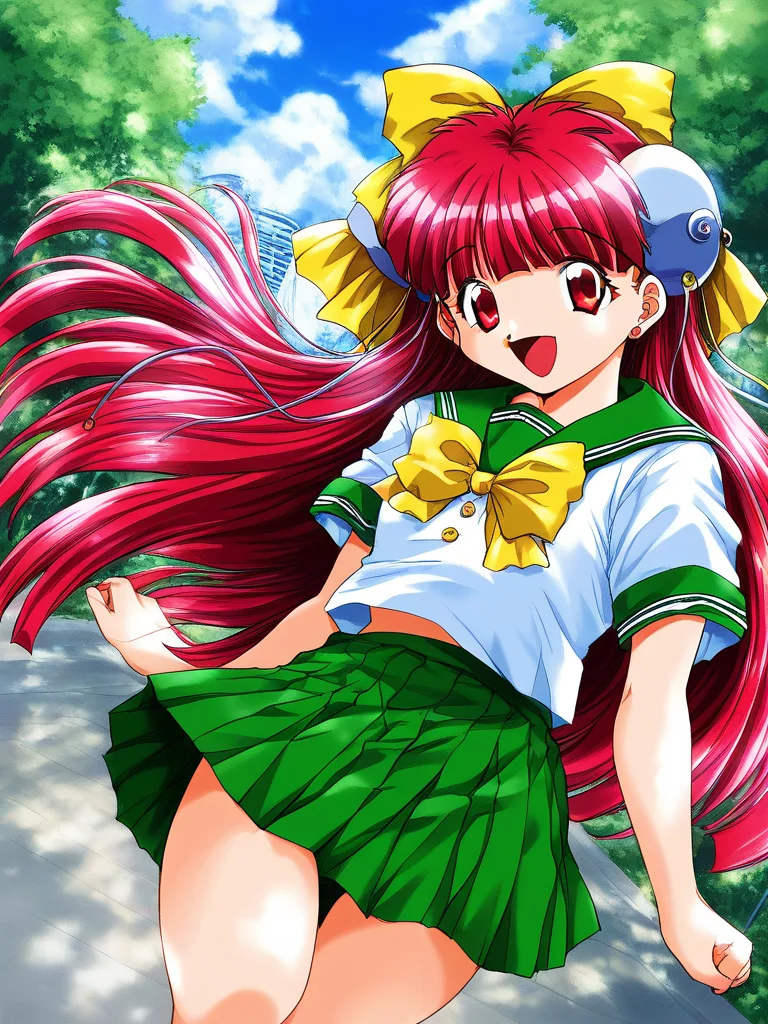 score_9, score_8_up, score_7_up, source_anime, rating_explicit, BREAK <lora:Nanako_RISE_XL:1>ãNanako_RISE, long hair, red hair, red eyes, bangs, hair bow, headgear, yellow bow,
pink hair, skirt, Yellow school uniform, smile, open mouth, bow, hat, green skirt, short sleeves,
outdoor, sky, school,