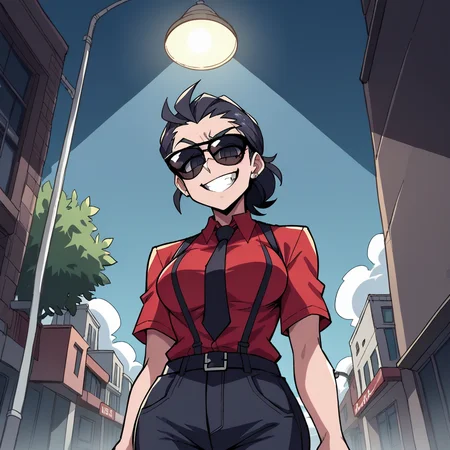 score_9, score_8_up, score_7_up, score_6_up, score_5_up, score_4_up, zPDXL2,source_anime,rating_questionable, 1girl,outdoors, Justice HellTaker, outdoors, nighttime , urban, red shirt, black tie, close up, aviators, sunglasses, hidden eyes, policewoman, looking at viewer, smirk, <lora:streetlight:0.8> str33tl1ght,below lamppost, spotlight, outdoors, night sky