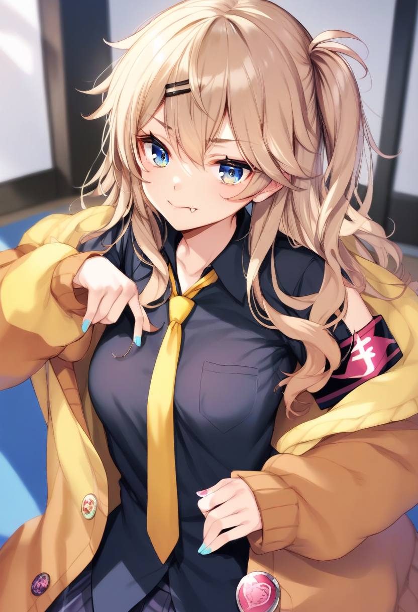 score_9,score_8_up,score_7_up,score_6_up,score_5_up,score_4_up,
<lora:KasukabeTumugi_Pony_V1:1> 1girl, kasukabetumugi, gyaru, 
light brown hair, one side up, black hair clip, black hair band, 
blue eyes, eyelashes, mole under eye, eyebrows visible through hair, 
nail polish, fang, 
shirt, black shirt, Yellow necktie, jacket, 
(4 band aids), (badge), loafers, Black armband,