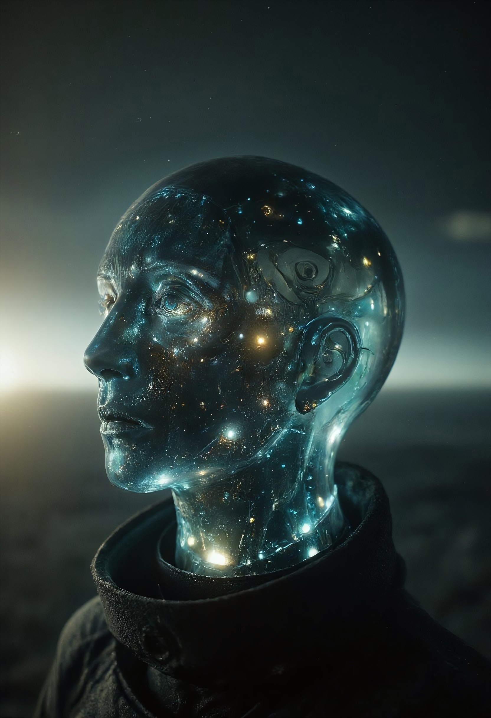<lora:ck-Neurocore-Realistic-Cyborgs:1> in the style of ck-ncr, A cinematic close-up photo of a faceless goddess, her perfect, featureless face framed by a high-collared cloak that exudes an aura of divine authority. The translucent shell of her head reveals an intricate network of advanced alien technology within—synthetic materials, delicate cables, microchips, and otherworldly sci-fi components interwoven into a mesmerizing, almost organic structure. A soft, ethereal glow emanates from the inner core of her being, casting faint, radiant light that accentuates the mysterious, atmospheric ambiance. The composition is rich with subtle contrasts of dark shadows and glowing highlights, creating an otherworldly and deeply cinematic effect.