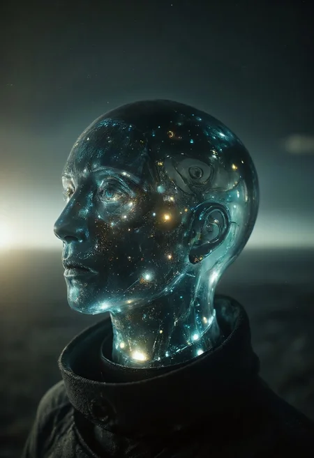 <lora:ck-Neurocore-Realistic-Cyborgs:1> in the style of ck-ncr, A cinematic close-up photo of a faceless goddess, her perfect, featureless face framed by a high-collared cloak that exudes an aura of divine authority. The translucent shell of her head reveals an intricate network of advanced alien technology within—synthetic materials, delicate cables, microchips, and otherworldly sci-fi components interwoven into a mesmerizing, almost organic structure. A soft, ethereal glow emanates from the inner core of her being, casting faint, radiant light that accentuates the mysterious, atmospheric ambiance. The composition is rich with subtle contrasts of dark shadows and glowing highlights, creating an otherworldly and deeply cinematic effect.