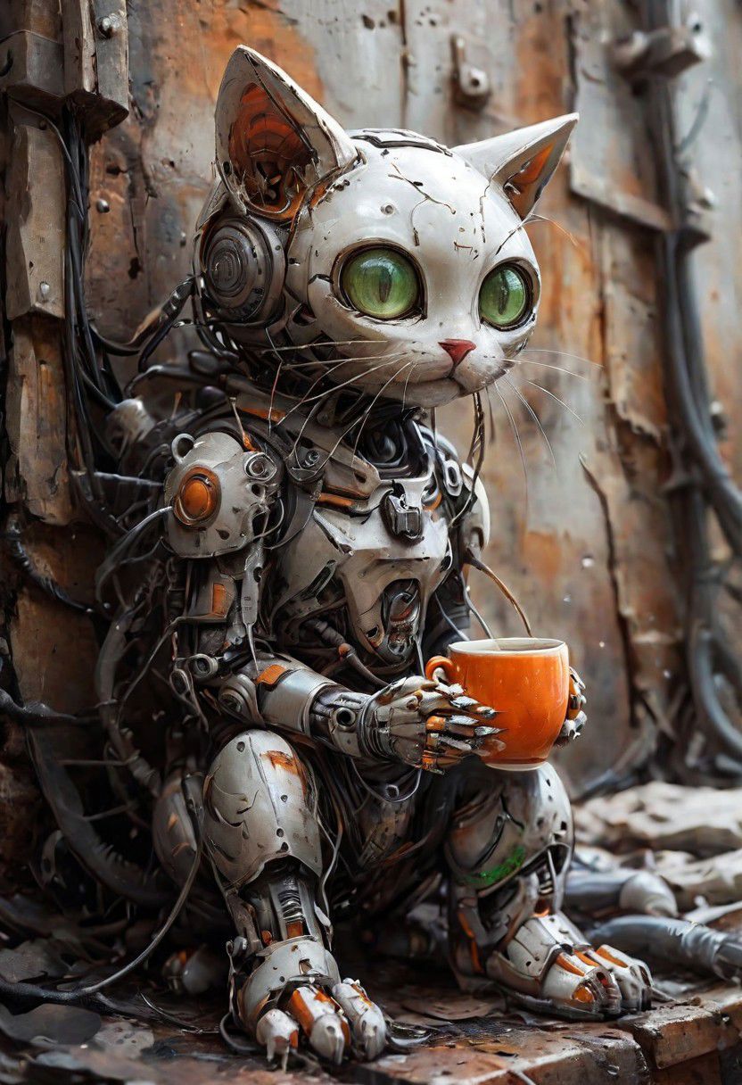 (Robot)
photo-realistic,
higly-detailed,
cat wearing a futuristic space suit,
serious expresssion
a orange and white kitty sipping a mug of hot coffee holding it with it's two front paws,
lapping up the coffee as if it were drinking water,
light green eyes,