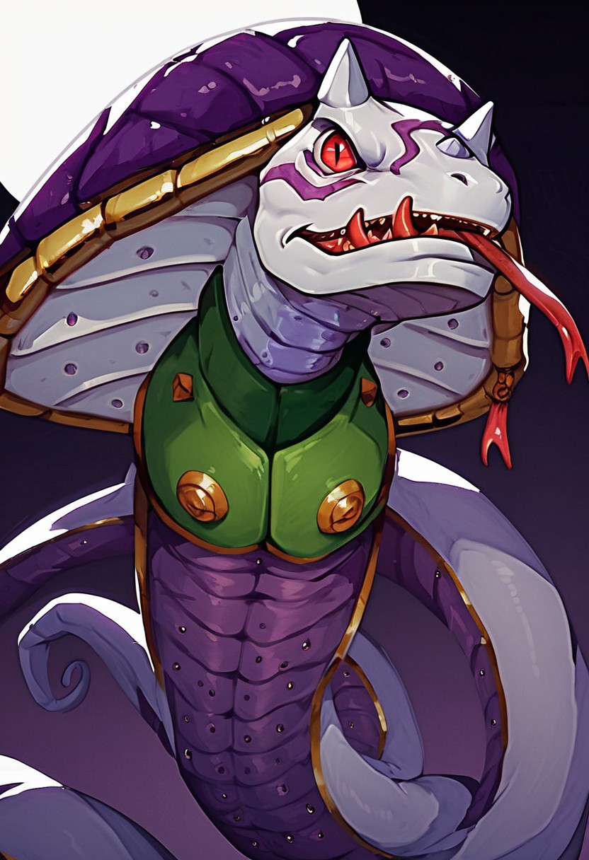 (score_9, score_8_up, score_7_up, score_6_up, score_5_up, score_4_up), source_cartoon, dark lighting, (high quality), (high resolution), 4k, Sandiramon, monster, cobra, white skin, red eyes, three horns, purple shell, purple marks purple armor, gold trim, green chestplate,