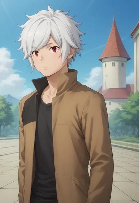 score_9, score_8_up, score_7_up, source_anime, highly detailed,
belcranel, 1boy, male focus, solo, white hair, red eyes, shirt, black shirt, jacket, brown jacket, open jacket, open clothes, high collar,
outdoor, sky,