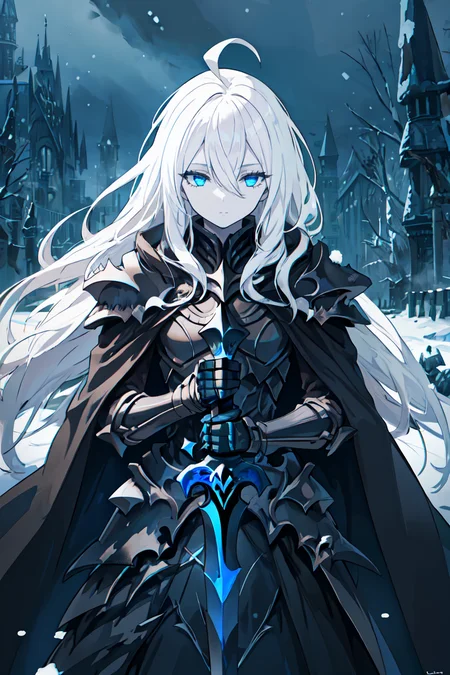 (masterpiece), solo, 1girl, blue eyes, ahoge, white hair, absurdly long hair, flat chest, pale skin, hair between eyes, half-closed eyes, expressionless, <lora:edg_DeathKnight:1>, edgDeathKnight, wearing edgDeathKnight armor, winter, snow, black cloak, holding sword, looking down