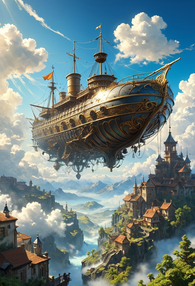 Distant shot, a magic flying ship, above the clouds, in the far distance, brilliant blue sky, stunning, epic magnificent beautiful, realistic, sunbeams, organic tracery, perfect composition, dreamy, digital painting, artstation, concept art, smooth, sharp focus, illustration, Carne Griffiths, pixar, Michael Garmash, Frank Frazetta, Victo ngai, Jean Monge