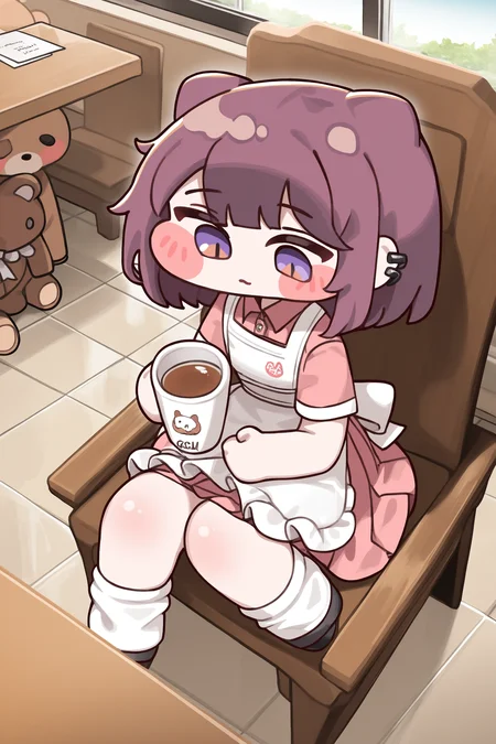 (trickcalcg, trickcal, chibi, chibi only:1.3), blush, blush stickers, original, 
1girl, animal ear piercing, animal ears, apron, chair, closed mouth, collared shirt, cup, day, frilled apron, frills, from above, holding, holding cup, indoors, looking down, loose socks, menu, napkin, on chair, pink hair, pink skirt, pleated skirt, purple eyes, purple hair, restaurant, shirt, short hair, short sleeves, sitting, skirt, socks, solo, stuffed animal, stuffed toy, table, teddy bear, tile floor, tiles, waitress, white apron, window,  
(masterpiece, best quality, absurdres, highres, newest, very awa:1.2), 