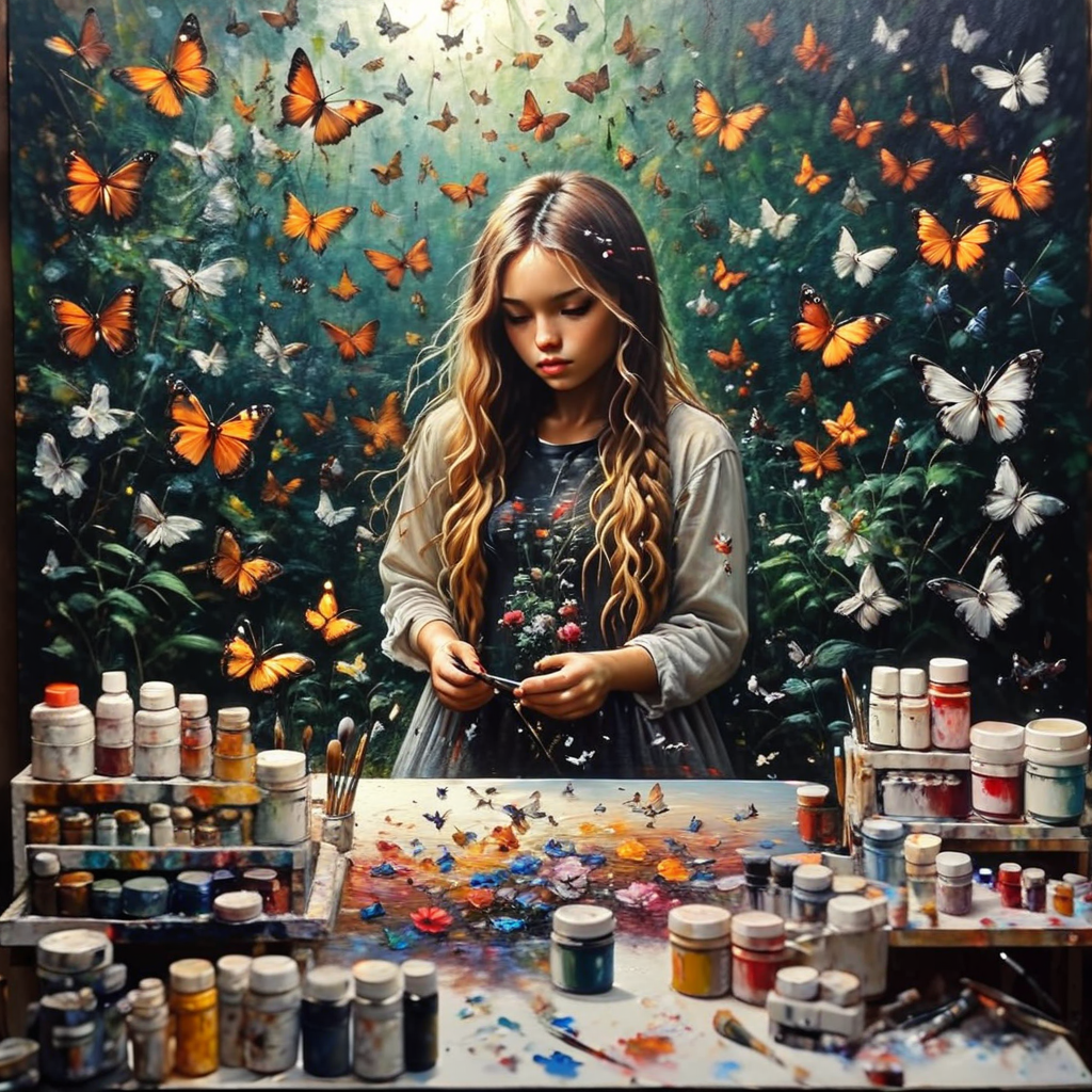 oneironartifex onefex a painting in a painting studio, girl artist painter and butterflies, very detailed<lora:oneironartifex:1.2>