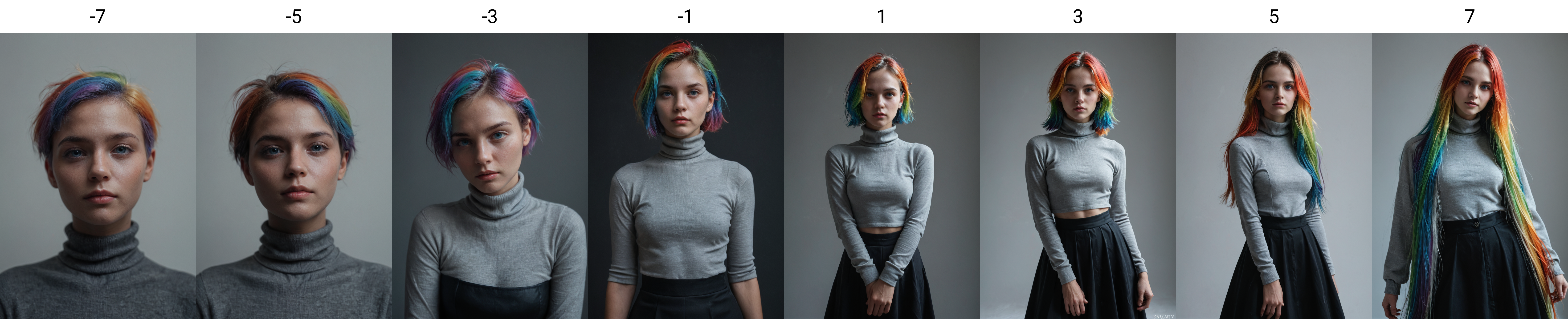 score_9, score_8_up, score_7_up, score_6_up, realistic, masterpiece, high quality.
1girl, (solo),  (view side:0.6).
rainbow hair,short hair,blue eyes.
Beautiful face, facing viewer.
grey turtleneck skivvy, black skirt.
simple background   <lora:Pony Realism Slider:3.0>