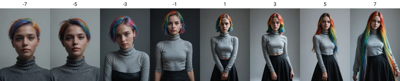 score_9, score_8_up, score_7_up, score_6_up, realistic, masterpiece, high quality.
1girl, (solo), (view side:0.6).
rainbow hair,short hair,blue eyes.
Beautiful face, facing viewer.
grey turtleneck skivvy, black skirt.
simple background <lora:Pony Realism Slider:3.0>