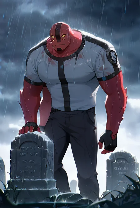 <lora:fourarms-05:1> fourarms, red skin, solo, male focus, yellow sclera, no pupils, 4 eyes, , fingerless gloves, white shirt, black pants, 4 arms , large pectorals, underbite, multiple arms, <lora:WSSKX_WAI:1>, near grave, sad day, raining, grave yard, grey sky,, masterpiece, best quality, amazing quality, very aesthetic, absurdres, newest,