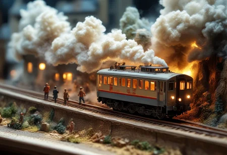 midjourneyv6.1, Diorama page, close-up of a diorama miniature, high definition, clear details, perfect, perfection, a train has arrived at the station, smoke is rising, people on the platform are waving to passengers