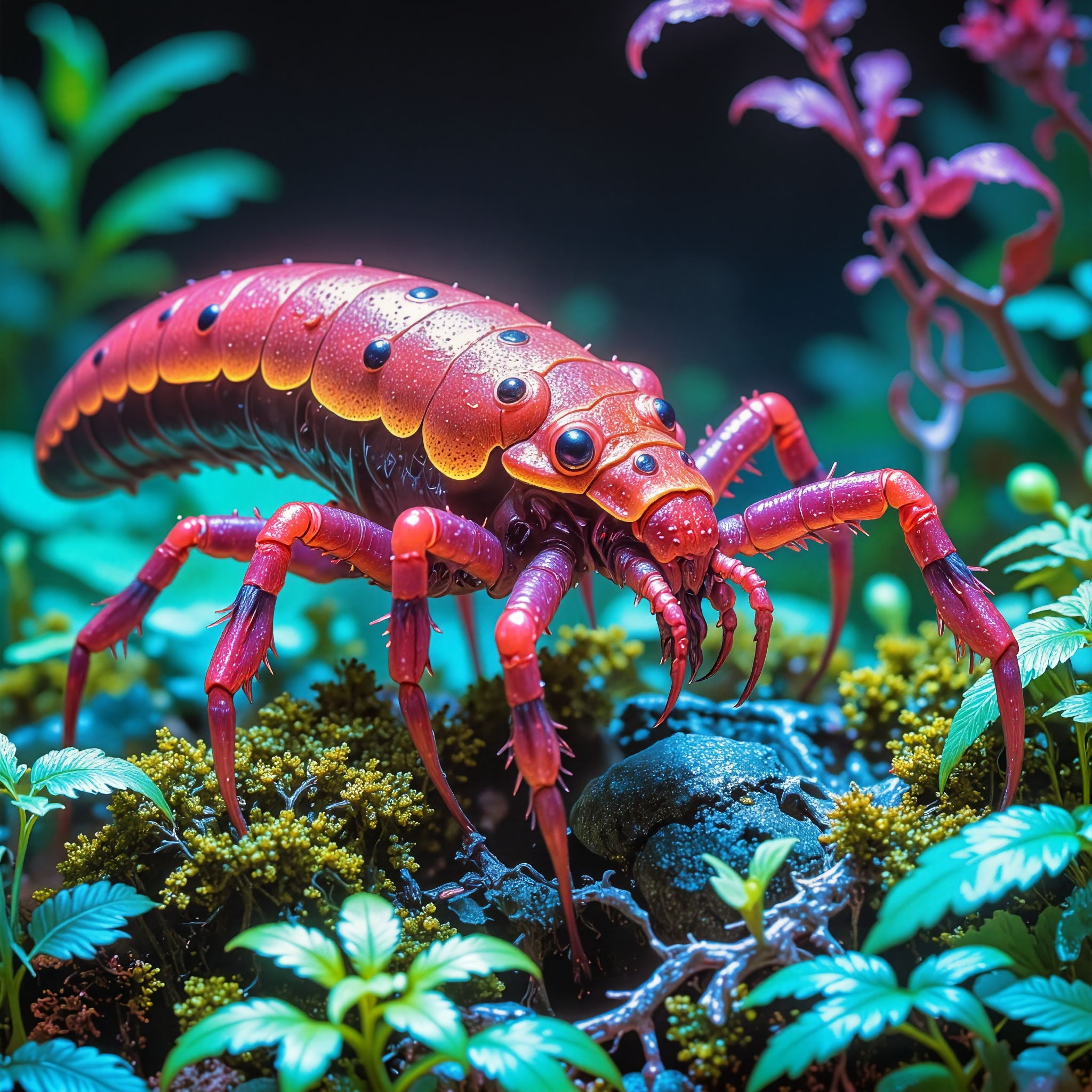 eldritch and phenomenal scenery on a distant world, a creature with at least four limbs, creature focus, movie poster style, very aesthetic, harmonising colors, golden ratio, extremely detailed, 8k, 4k, ultra-high-resolution, award-winning macro photo, short depth of field, hyperrealistic, high-resolution, dim lighting, at night, subsurface scattering, the microscopic "jagged jastgniffle" is a softly glowing dimension traveling creature, its sprokled bioluminscent appendages help it navigate the lush habitat on planet "derpingdirly prime," with its translucent flibberwisps it absorbs nutrients from its trobberdaffled prey, dappled sunlight, deep teal and bordeaux red and aquamarine blue and jet black and midnight purple, ovg, style of rembrandt, <lora:style-oil_painting-flux-by_leporello:0.48> <lora:style-rembrandt-flux-by_tangbohu:0.6> <lora:style-fantastic_landscapes-flux-by_artifyai:0.52>
