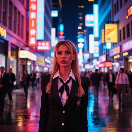 neon noir surrealist art a beautiful blond woman, wearing a secretary uniform, in an office <lora:Riley_Voelkel:1> rileyv . dreamlike, mysterious, provocative, symbolic, intricate, detailed . cyberpunk, dark, rainy streets, neon signs, high contrast, low light, vibrant, highly detailed