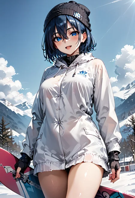 score_9, score_8_up, score_7_up, score_6_up, score_9, score_8_up, kaede (1girl, blue eyes, dark blue hair, blush, big tits, hair between eyes, short hair).
(smirk:0.9), (open mouth:0.9), cute,
beanie, gloves, snowboarding, leaning back,
(snowboard:1.1), slope, at snowy mountain, day,
sharp focus, looking at viewer, from below, motion blur, depth of field, (intricate:1.1), (white tone:1.1), (pale blue tone:0.9), (white atmosphere:1.1),
llustration, (anime coloring:1.1), high contrast,
(masterpiece:1.2), (best quality:1.2), (very aesthetic:1.2), (absurdres:1.2), (detailed background), newest, ai-generated, (intricate details:1.2).