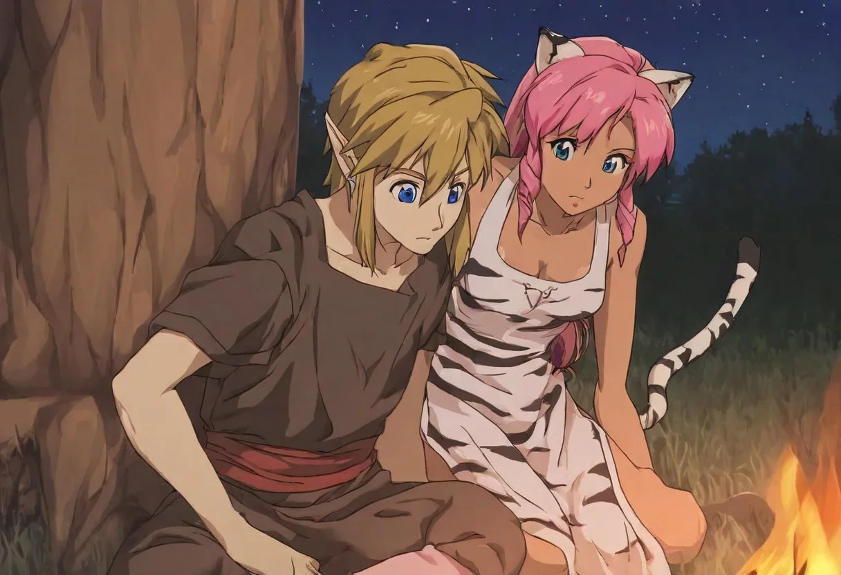 Pink_DragonPink, 1girl, sleeveless dress, white tiger print dress, pelvic curtain, cleavage, white tiger tail, red sash, small breasts, leather shoes, masterpiece, very aesthetic, <lora:pink-illustrious:1>, 
Break
1boy,Anime screencap,link (zelda),blonde hair,blue eyes,pointy ears, low ponytail, sidelocks, wearing blue hyilian tunic,
Break
Lost woods at night, sitting on tree stumps, forest campsite, night, moon out, stars in sky, campfire, pink and link touching, leaning against each other, cuddling, sleeping agaibst each other sitting