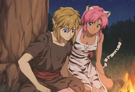 Pink_DragonPink, 1girl, sleeveless dress, white tiger print dress, pelvic curtain, cleavage, white tiger tail, red sash, small breasts, leather shoes, masterpiece, very aesthetic, <lora:pink-illustrious:1>,
Break
1boy,Anime screencap,link (zelda),blonde hair,blue eyes,pointy ears, low ponytail, sidelocks, wearing blue hyilian tunic,
Break
Lost woods at night, sitting on tree stumps, forest campsite, night, moon out, stars in sky, campfire, pink and link touching, leaning against each other, cuddling, sleeping agaibst each other sitting