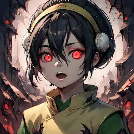 score_9, score_8_up, score_7_up,
earth nation clothing,1girl,solo,looking at viewer,short hair,open mouth,black hair,hair between eyes,hairband,hair bun,red eyes,portrait,bun cover,yellow hairband,blind
,<lora:Toph_ponyXL:0.6>, <lora:Corruption:0.2> Corrupted, corrupted clothing style, <lora:MadnessStylePony:0.2> Madness, <lora:LowKeyLightsPony21:0.3> LowKeyLights
