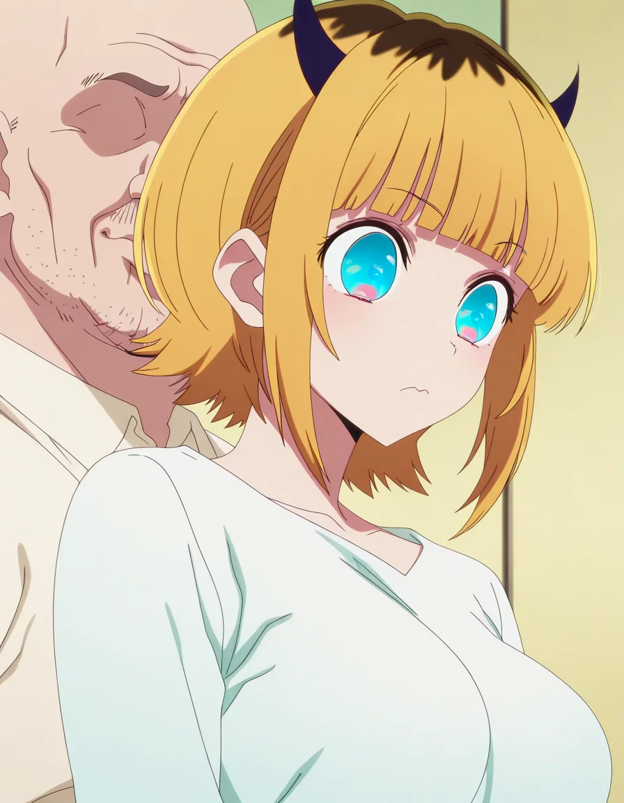 masterpiece, best quality, amazing quality,, <lora:memcho-s1s2-illustriousxl-lora-nochekaiser:1>, memcho, blonde hair, blue eyes, blunt bangs, demon horns, fake horns, horns, short hair, mature female, medium breasts, anime screencap, <lora:faceless-ugly-man-illustriousxl-lora-nochekaiser:1>, faceless ugly man, faceless, ugly man, fat, faceless male, fat, bald, mature male,,