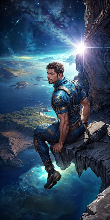 <lora:SyFyEye1_v2.0:.75>, ((SyFyEye1, standing, male focus, reflection, night sky, day, crescent moon, day, ocean, night, sunlight, sunlight, moonlight, milky way, science fiction, planet, river, flying,)), bara, mature, facial hair,  male, (homoerotic), masterpiece, highly detailed face and skin, hyperrealistic, male only, bara, mature, stubble, muscular male, handsome, male focus, light particles,(Balance and coordination between all things),real light and shadow, perspective, composition, adventurous, energy, exploration, contrast, experimental, unique <lora:style_adddetail:.7>
(((from back and from above, sitting))), (detailed background, cinematic, detailed, atmospheric, epic, concept art, masterpiece, best quality, 8k, ultrarealsitc), realistic