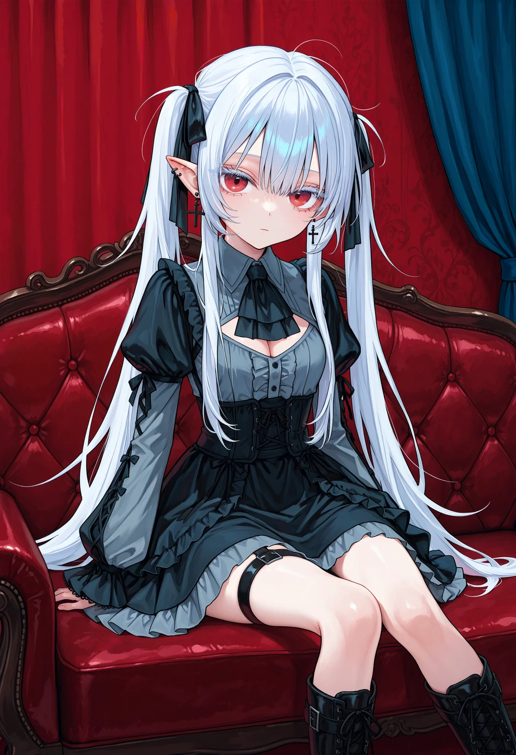 general, masterpiece, best quality, high quality, <lora:hyasai_v2:0.8> hyasai, indoors, curtains, red background, black theme,
BREAK 1girl, long hair, long sidelocks, twintails, messy hair, hair ribbon, black ribbon, white hair, red eyes, aegyo sal, thick eyelashes, expressionless, pointy ears, ear piercing, single earring, cross earrings, black dress, grey shirt, buttons, black ascot, cleavage cutout, juliet sleeves, puffy long sleeves, lace-up boots, thigh strap, black skirt, sitting, on couch, looking at viewer