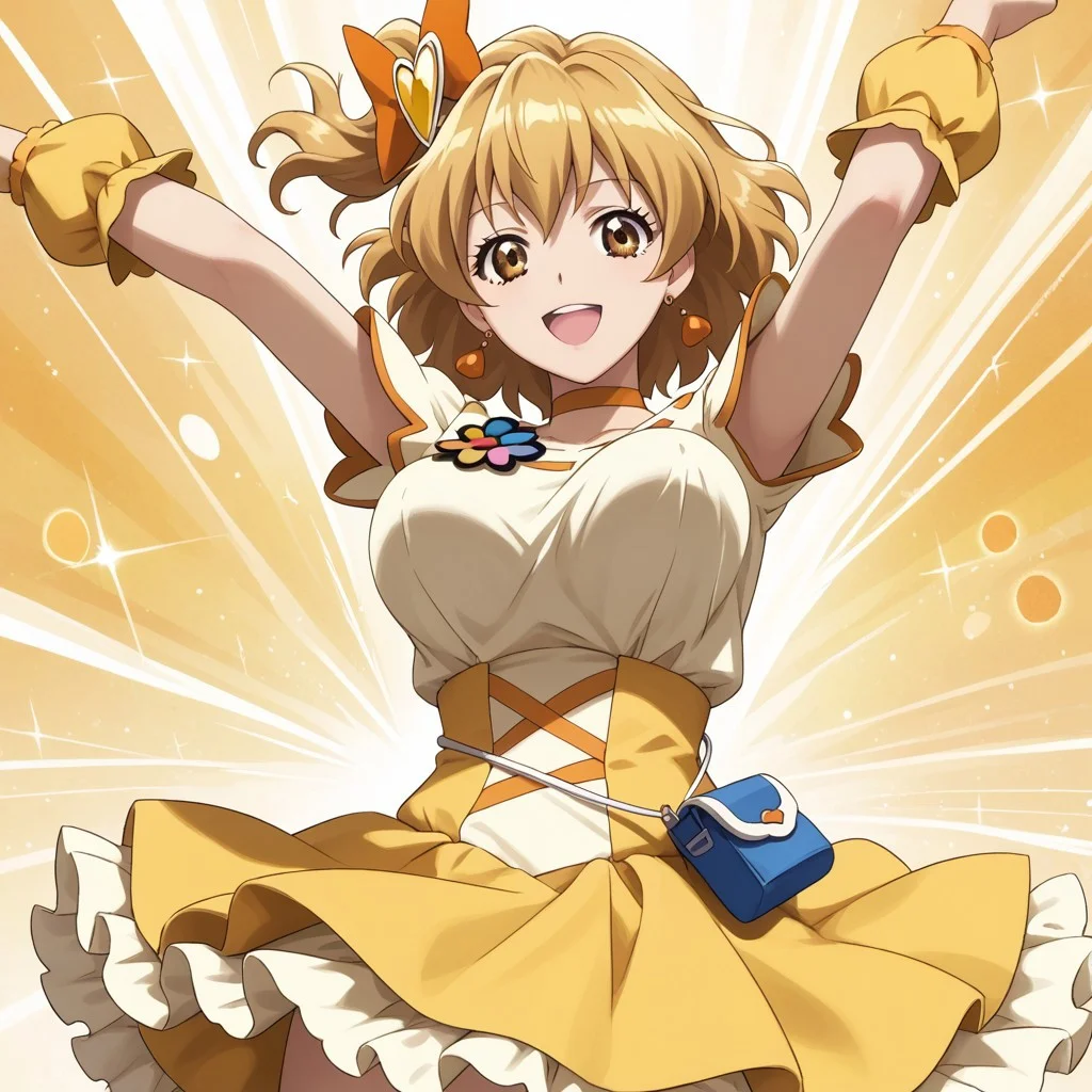 1girl, solo,curepine, short hair, brown eyes, white dress,smile,large breasts,yellow skirt
arms up,bouncing breasts
low-amgle,upskirt
score_9, score_8_up, score_7_up, masterpiece, best quality, source_anime, uncensored, detailed background,