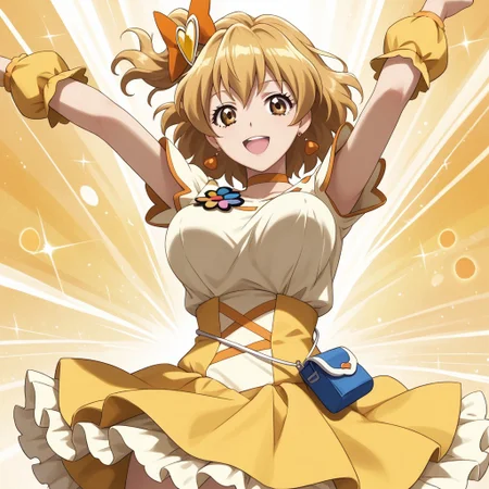 1girl, solo,curepine, short hair, brown eyes,   white dress,smile,large breasts,yellow skirt
arms up,bouncing breasts
low-amgle,upskirt
score_9, score_8_up, score_7_up,  masterpiece, best quality,  source_anime,  uncensored, detailed background,