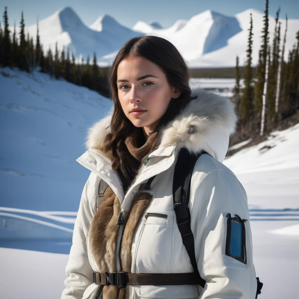 girl in late twenties, arctic wilderness, research facility, fantasy