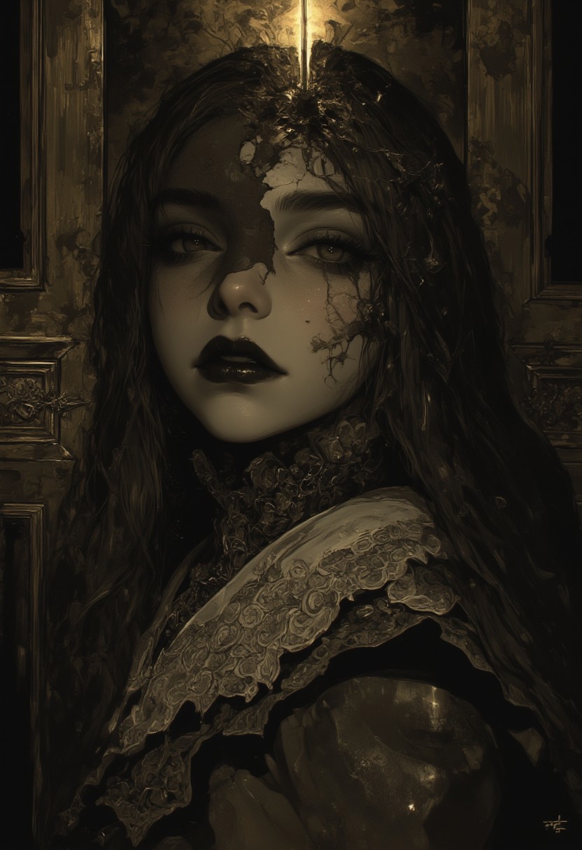 Create an intricately detailed, hyper-realistic head-and-shoulders portrait of an aging, cracked Victorian-era porcelain and paper-mâché doll. She is small in stature, no bigger than a small child and peers around the edge of a dark wooden doorway, her delicate porcelain fingers barely visible as they grip the frame. A deep, jagged crack splits her forehead, and her glossy black void-like eyes lock onto the viewer with a sinister, knowing grin. A cold, unnatural glow from behind silhouettes her figure, casting an eerie halo around her wild, dust-matted curls. Her once-elegant Victorian gown, adorned with tattered lace and intricate embroidery, clings to her fragile frame, the frayed edges barely catching the dim light. The peeling wallpaper behind her reveals darkened wood panels, their surfaces warped with time. Wisps of dust swirl in the air, illuminated by the unsettling backlight, as faint whispers seem to emanate from the shadowed hallway beyond. The air is thick with haunting elegance, a perfect balance of beauty and creeping dread as she lingers in the doorway, watching… waiting.