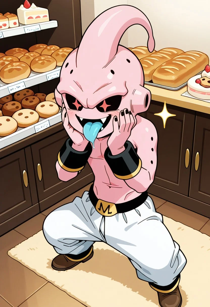 masterpiece, amazing quality, absurdres, ultra-detailed, no humans, solo, short,
1boy, k1dbuu, pink skin, black sclera, red eyes, sparkling eyes, very big eyes, body holes, ear holes, black nails, antenna, no nose, lowleg pants, white baggy pants, belt, black armbands, black ankle bands, brown shoes, gold trim, smile, open mouth, fang, tongue out, blue tongue, saliva, sparkle, happy, shiny skin, perfect hands, 5 fingers, cute, hands up, hands on own cheeks, standing, legs apart, full body,
BREAK
indoors, bakery, candy shop, cake, candy, cookie, counter, wooden floor, carpet, shadow, detailed shading, WaiIL25PosC