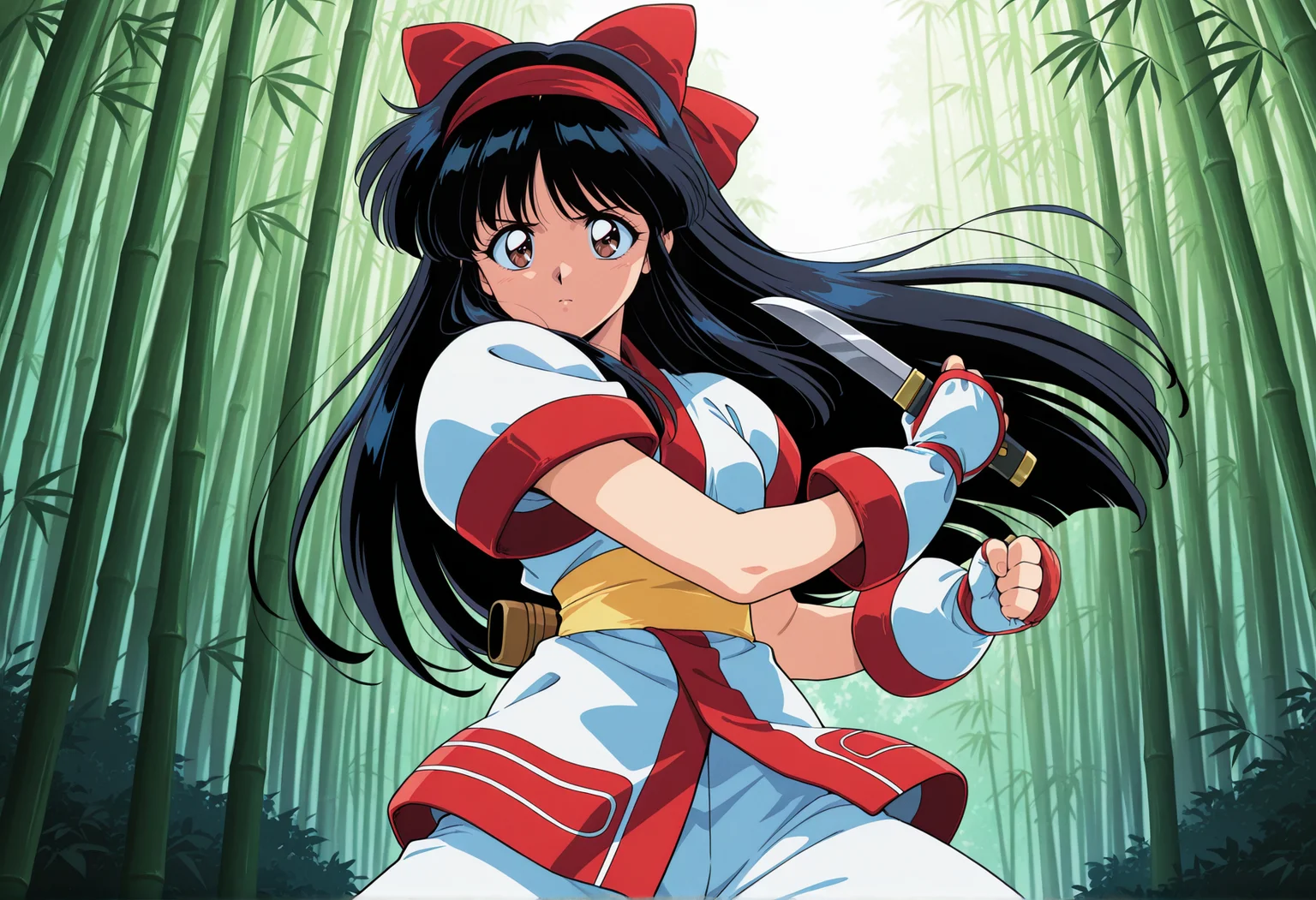 anime screenshot, anime screencap, anime coloring, retro artstyle, 1990s \(style\), 1girl, solo, long hair, black hair, hair bow, hairband, ainu clothes, japanese clothes, short sleeves, pants, fingerless gloves, bamboo forest, holding dagger, fighting stance <lora:Nakoruru_illus:1>, masterpiece, best quality, amazing quality, very aesthetic, absurdres, highres, newest