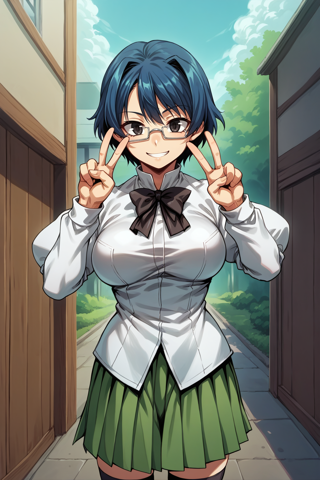 score_9, score_8_up BREAK  <lora:NSShizuneKatawa:1> NSShizuneKatawa, short hair, dark blue hair, glasses, black bowtie, white collared shirt, puffy sleeves, long sleeves, green skirt, pleated skirt, black thighhighs, cowboy shot, v-sign, slight smile