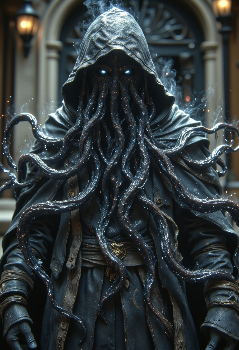 A hooded figure with a monstrous, tentacled face. The figure is wearing a dark, leather jacket and is standing in a foggy, atmospheric setting. The tentacles are very long reaching the ground and sinuous, and the face is grotesque and horrifying, HKMagic, aidmaMJ6.1, <lora:FantasyWizardWitchesFluxV2-000001:1.5>, <lora:aidmaMJ6.1v0.4:0.6>, <lora:anhei_first_flux_lora_v1:0.4>, <lora:fluxenhancer:0.3>, <lora:Elden_Ring_-_Yoshitaka_Amano:0.4>