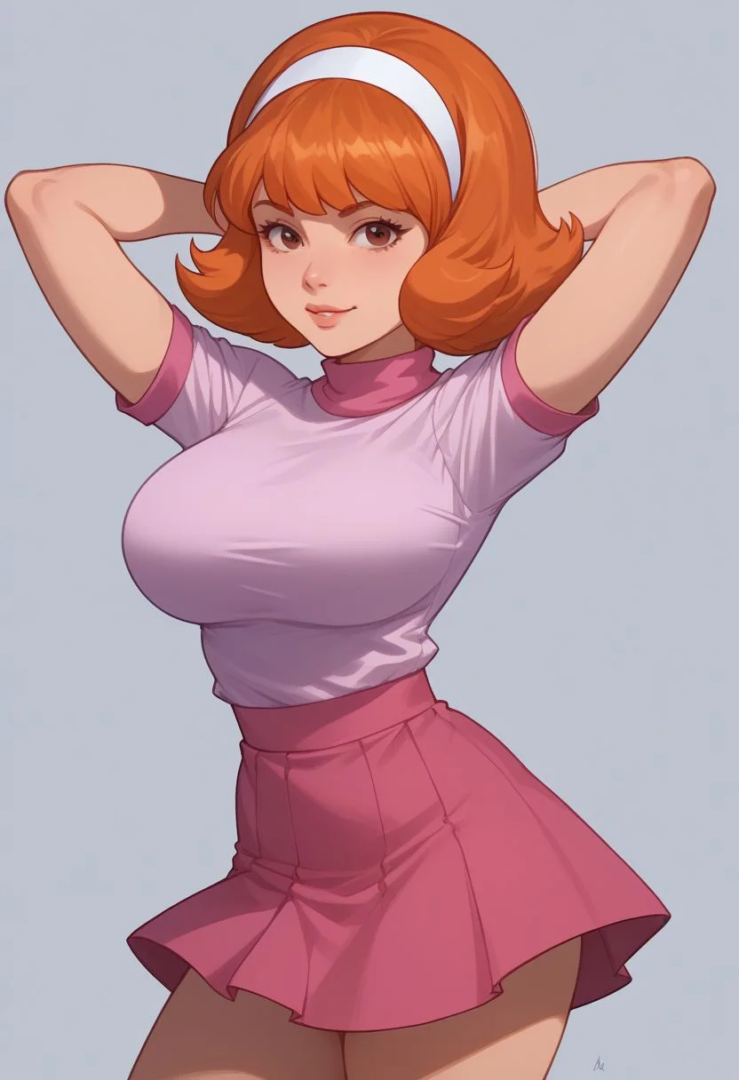 score_8, score_9, daphne, orange hair, short hair, hairband, skirt, 1girl, solo, adult woman, large breasts, pose, looking at viewer, hands behind head,