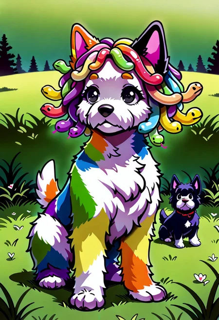 masterpiece, best quality, amazing quality, very aesthetic, absurdres,  amazing detail, intricate detail, fluffy Scottish terrier, w3st13, black eyes, rainbow fur, dog, animal focus, snake_hair all over the body, gummy worm hair, gradient hair, sugar, multicolored hair, playing in a back yard grass lawn, ral-fluff