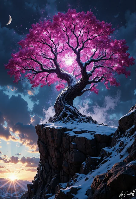 On a jagged, snow-crowned cliff, a gnarled tree erupts from the stone, its twisted branches wreathed in a blazing magenta aura that pulses like a living heart. Iridescent mist coils around its trunk, shimmering with colors unseen in any earthly fog. The setting sun stains the snow gold and violet, its dying light stretching their shadows into grotesque, elongated shapes across the rocks. Behind it, a crescent moon climbs the twilight, its silver glow mingling with the treeâs alien radiance., fg, l1n0c2t<lora:Flux/Stylized-Super-Texture.safetensors:0.4000000000000001:0.4000000000000001> <lora:CustomFlux/MysticFantasy.safetensors:0.20000000000000004:0.20000000000000004> <lora:CustomFlux/MysticRealism.safetensors:0.7000000000000002:0.7000000000000002> <lora:Flux/Linocut - s1 g4.safetensors:0.25000000000000006:0.25000000000000006>