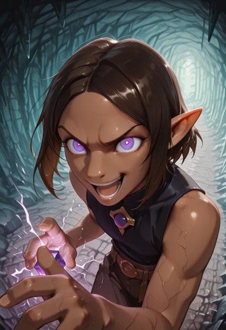 1 Lapanya, solo, Repeta, violet eyes, black sleeveless top, ((3-fingers-1-thumb)),
furrowed eyebrows, crazed expression, open mouth, laughing, wide eyes, purple electricity, purple veins, glowing eyes,
Fisheye view, face focus, side view, Dutch angle, asymmetry,
gripping purple gemstone in one hand, 4-sided gemstone, small gemstone,
organic cavern background,
Medieval style, Smooth colors, detailed eyes, perfect hands, clean lines, high quality, best quality, masterpiece, rating: safe, source: anime,