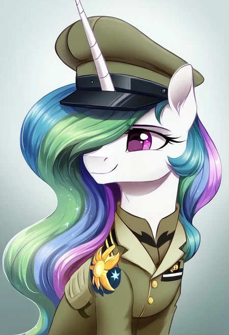 masterpiece, score_9_up, score_8_up, score_7_up, score_6_up, (best quality:1.1), ultra-detailed, high resolution, 1character, Selestia, princess Equestria, mlp, feral, white skin, (hair over one eye, one eye covered), <lora:celestia:1>, long eyelashes, single horn, ears, closed mouth, smile, military equestrian uniform, military equestrian patches, peaked cap, detailed facial features, expressiveh, Equestria background, highly visible, sharp focus, anatomically correct, Equestria at War, Portrait of the leader, gas plant, looking at the camera, smiling,